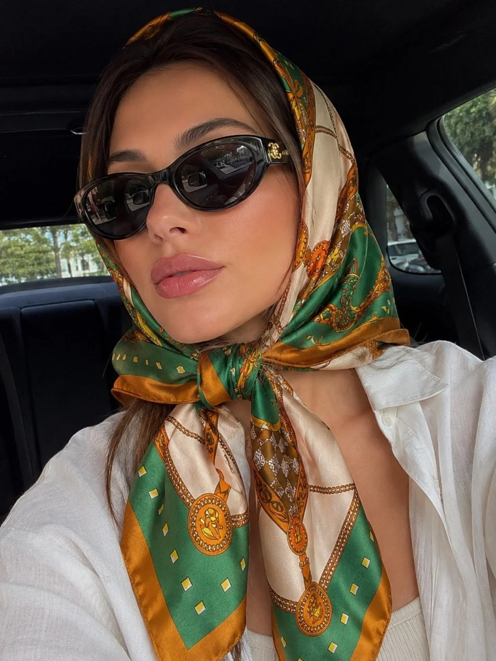 Silk-Feel Green & Gold Patterned Head Scarf